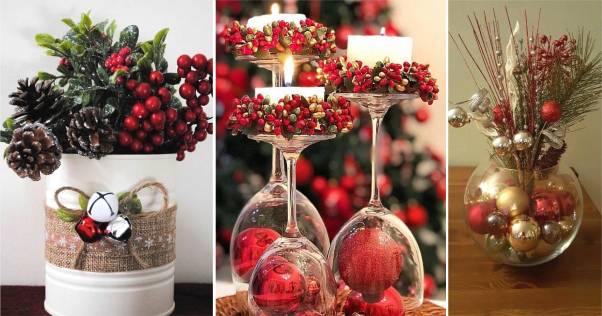 Arranjos de Natal com flores artificiais em vasos de vidro