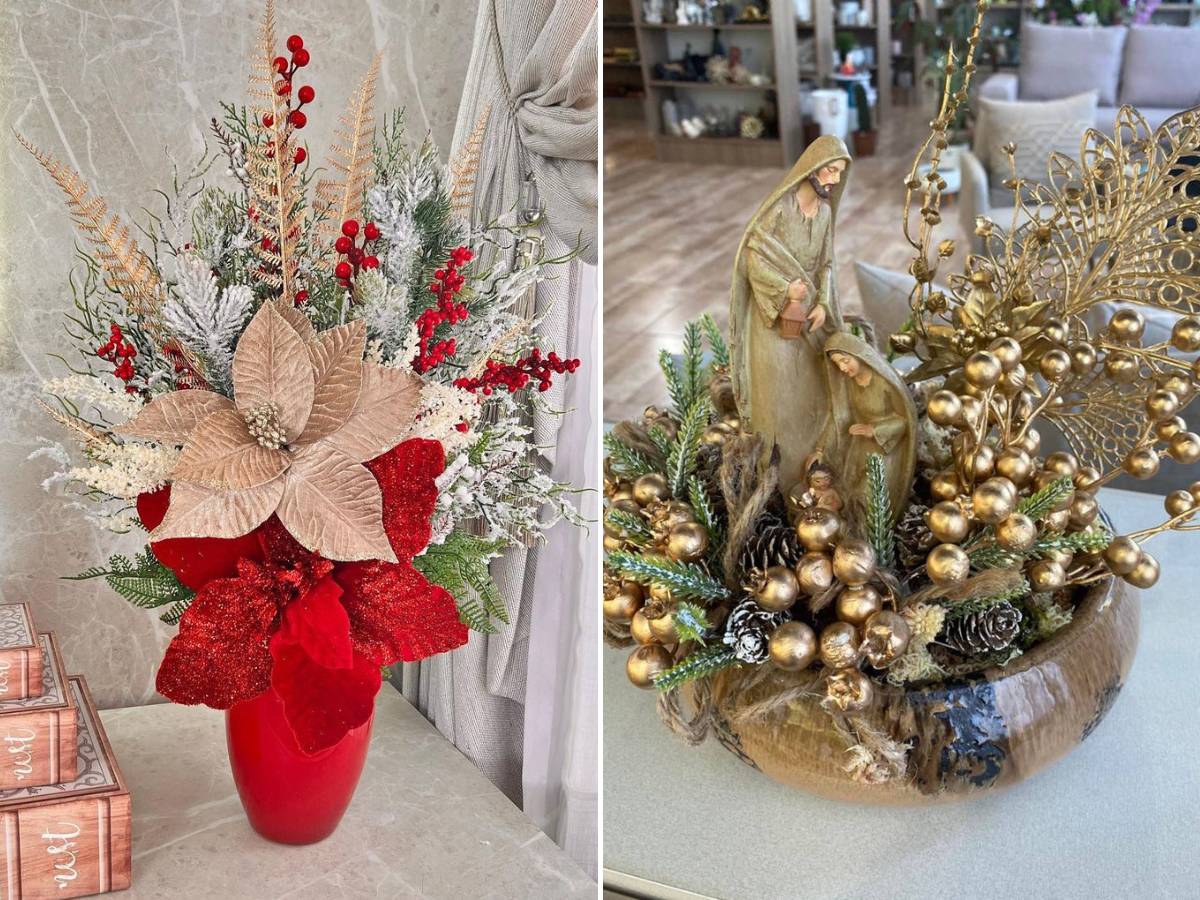 Arranjos de Natal com pinhas em vasos de vidro