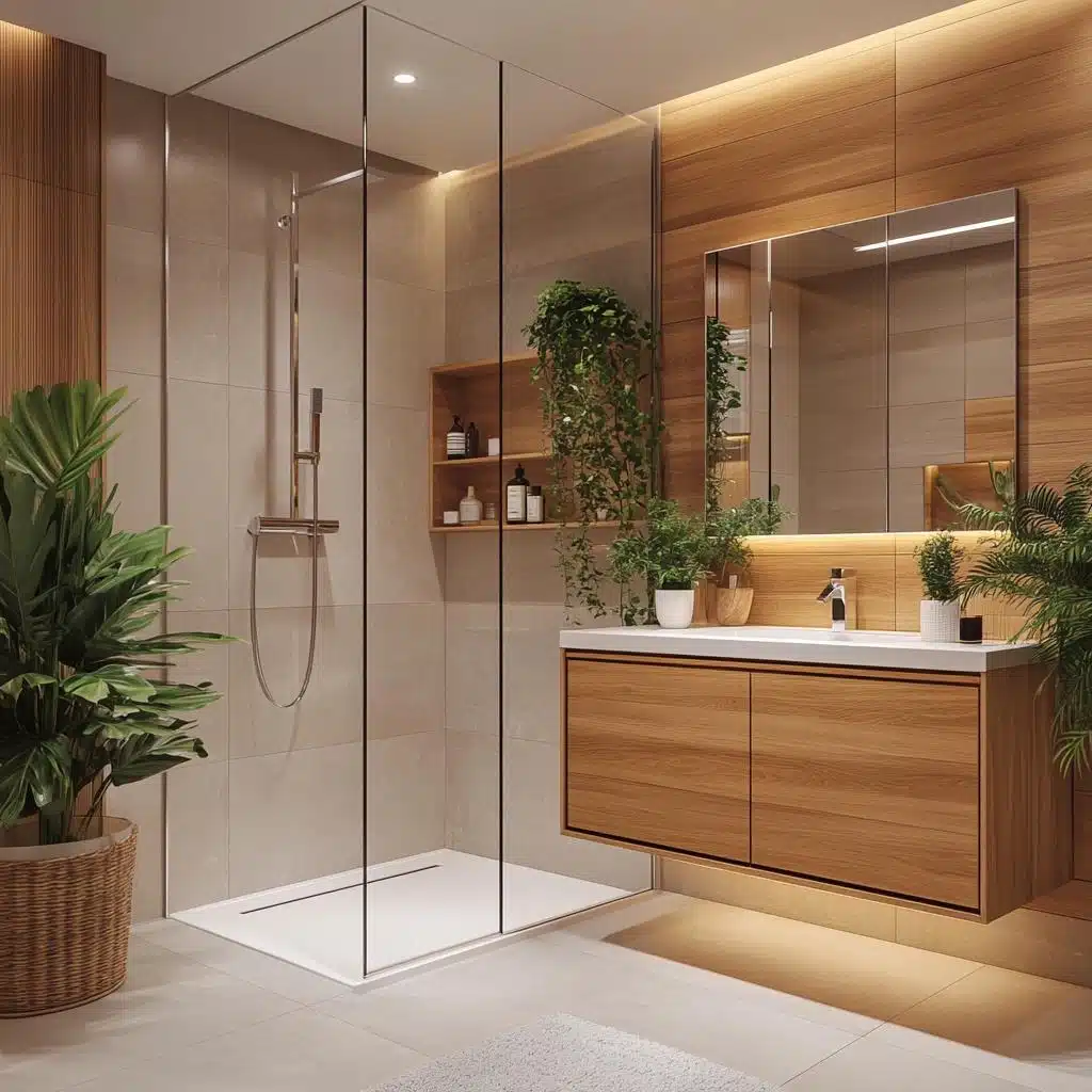 banheiro com box de madeira e piso amadeirado