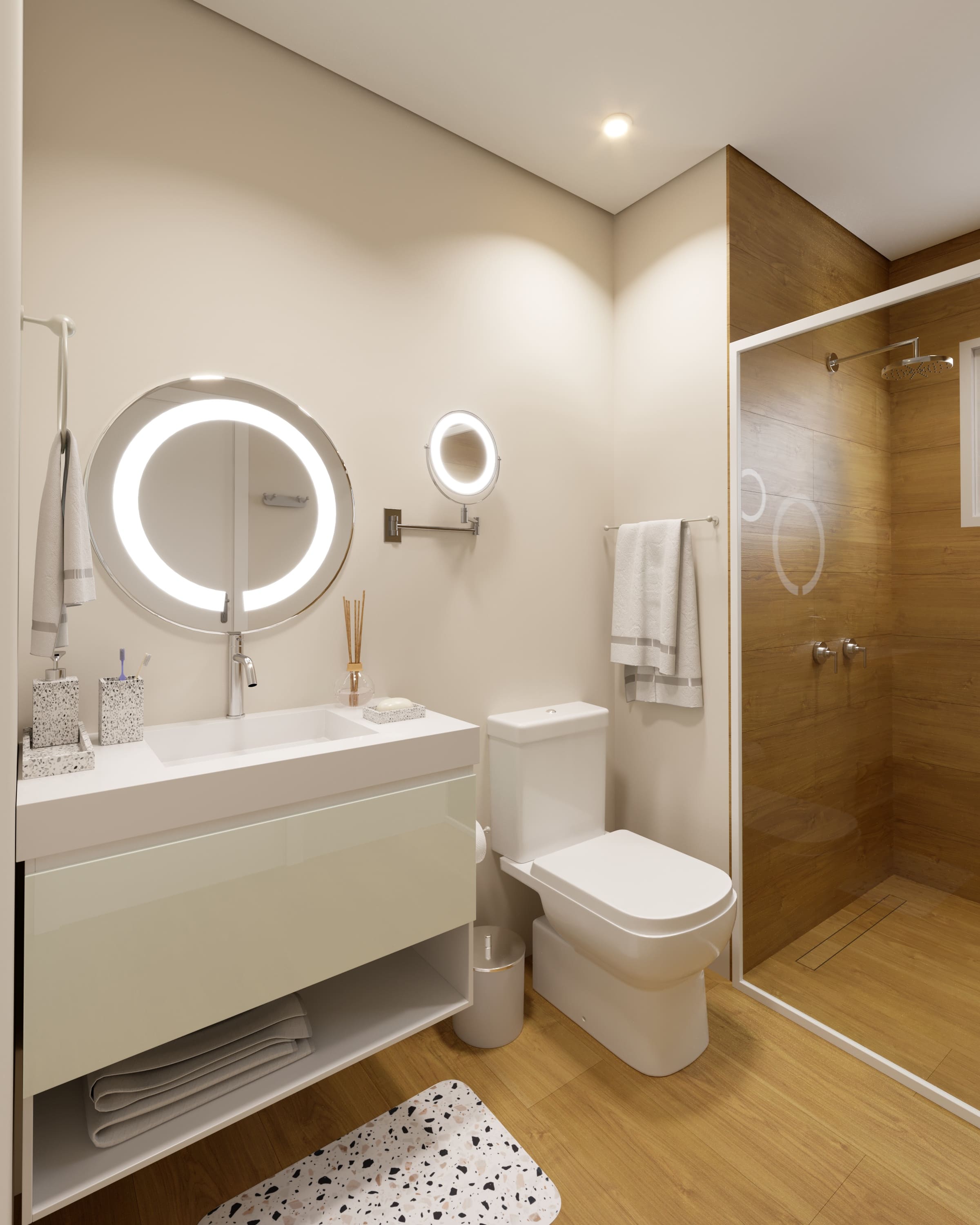 banheiro com piso amadeirado no box