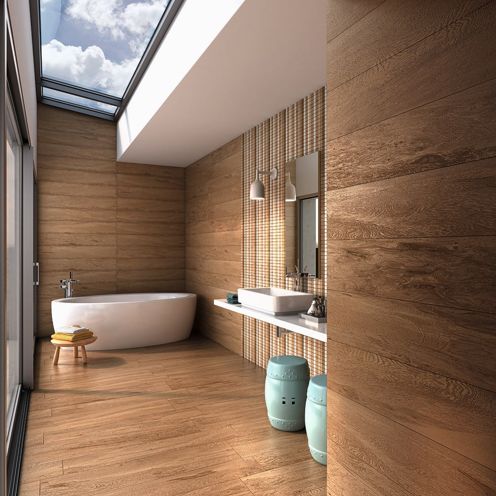 banheiro moderno com piso amadeirado