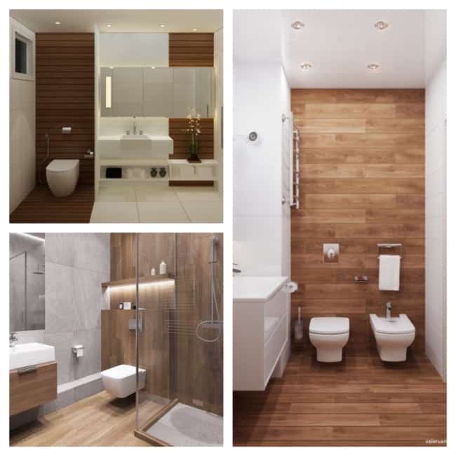 banheiro com box de madeira e piso amadeirado