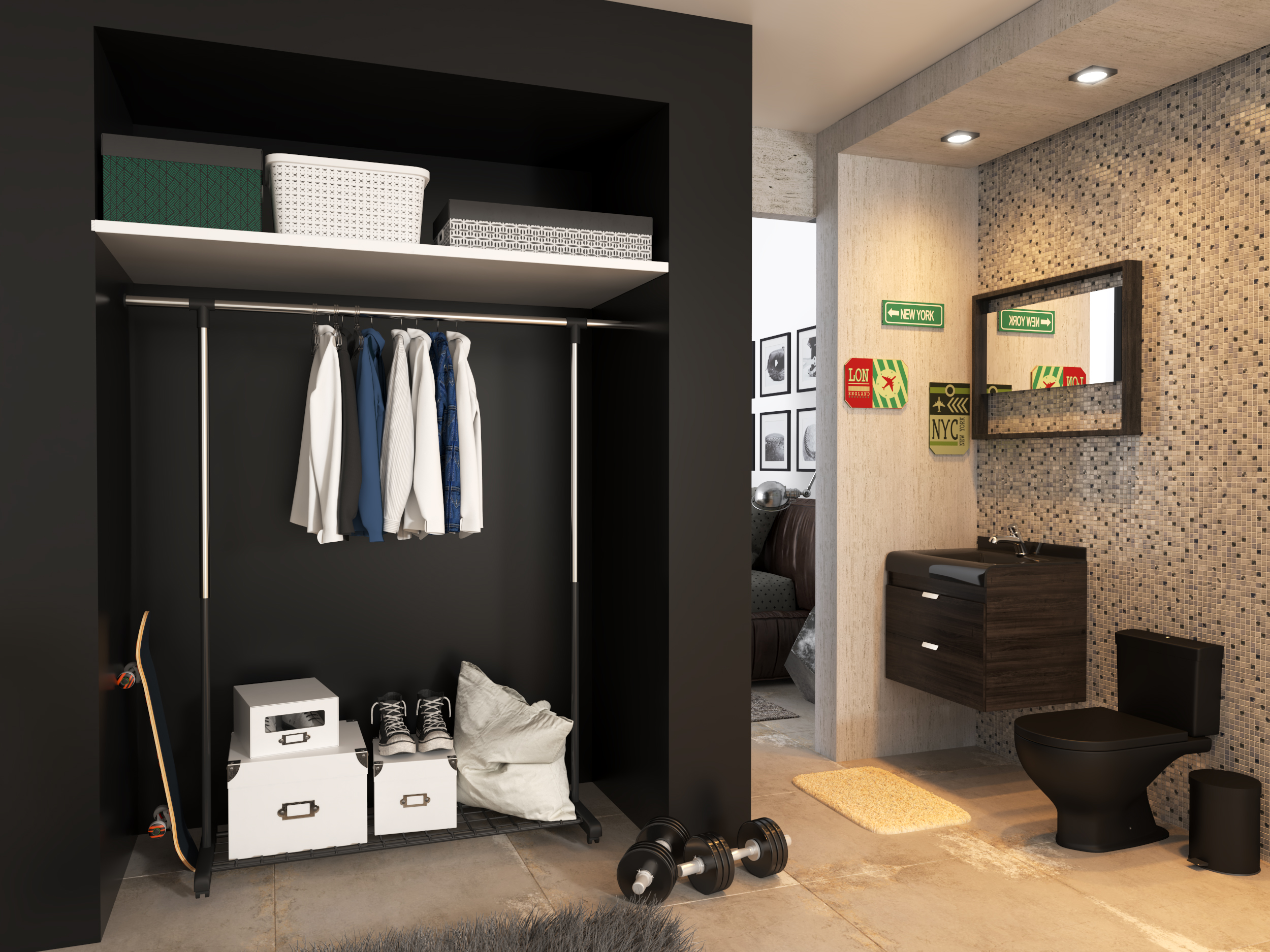 closet pequeno integrado ao banheiro