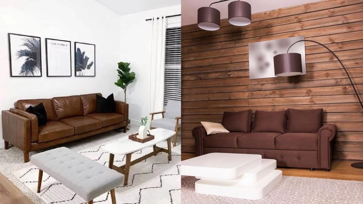 sala com sofá marrom e cinza