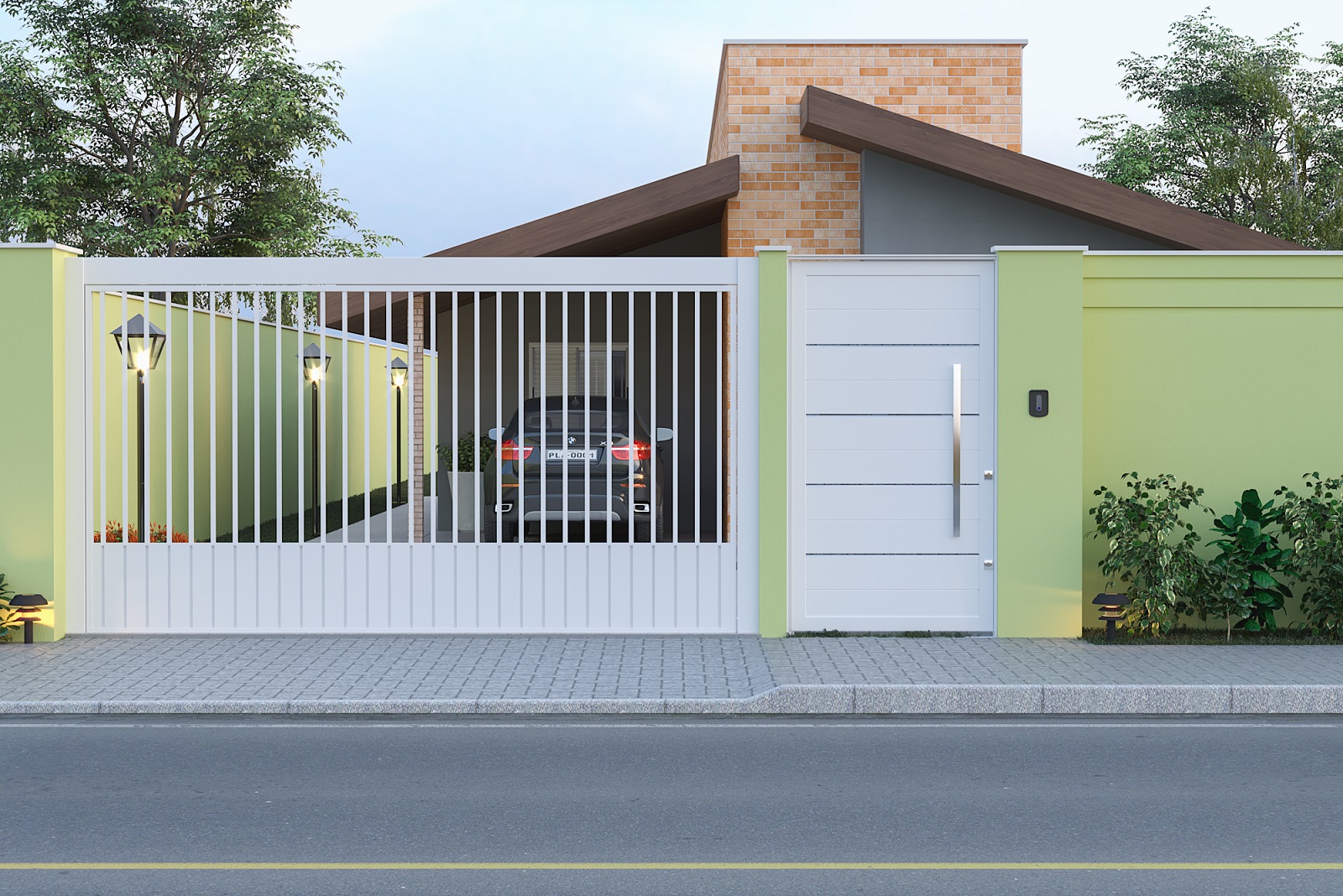 fachada de casas com muro e portão