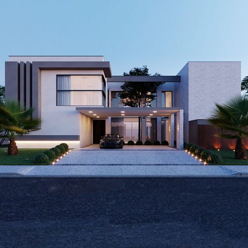 fachada de casa com grandes vãos de vidro