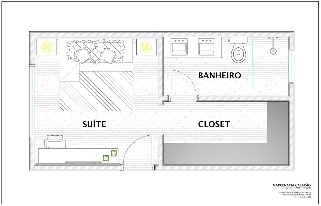 layout quarto com closet e suíte