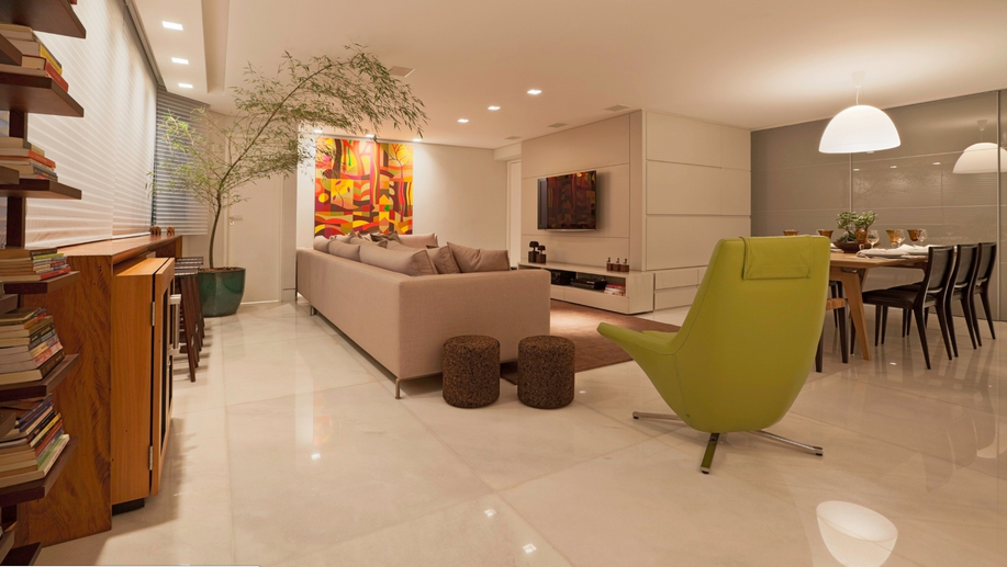 sala de estar e jantar com cozinha integrada