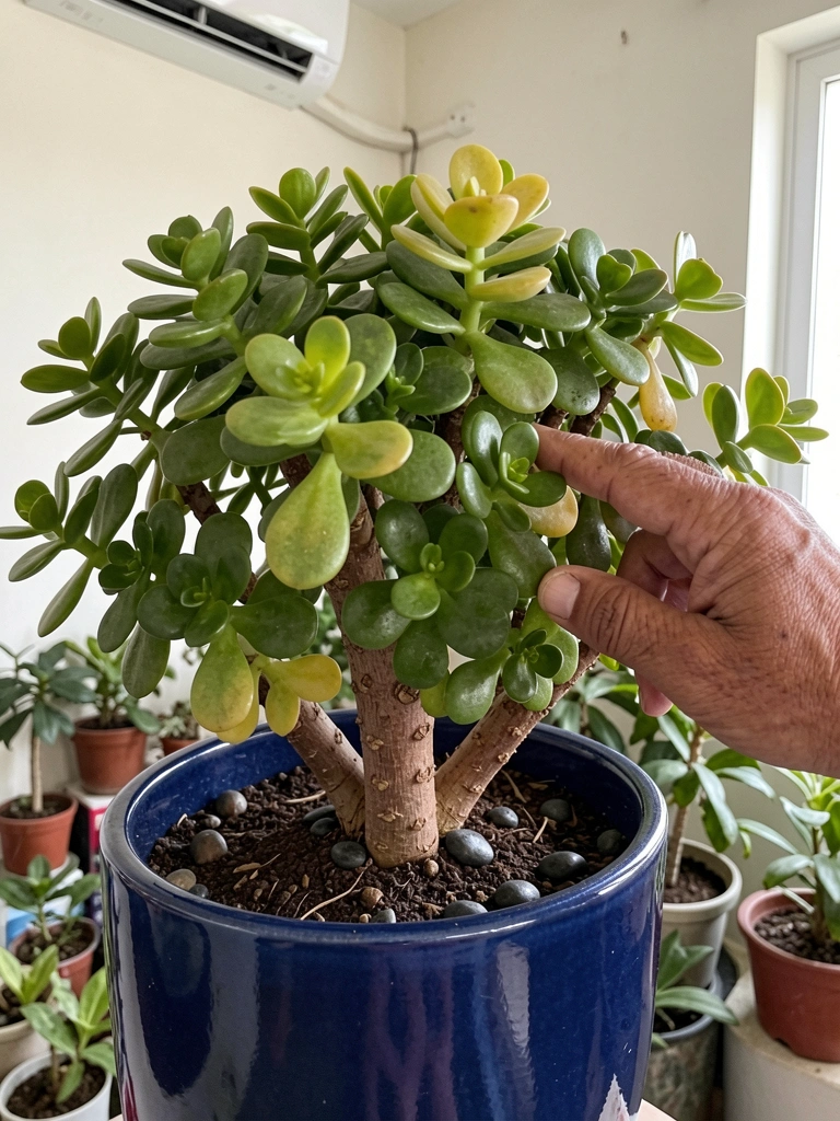 Sala pequena com ar-condicionado na parede e vasos de plantas ao lado da janela