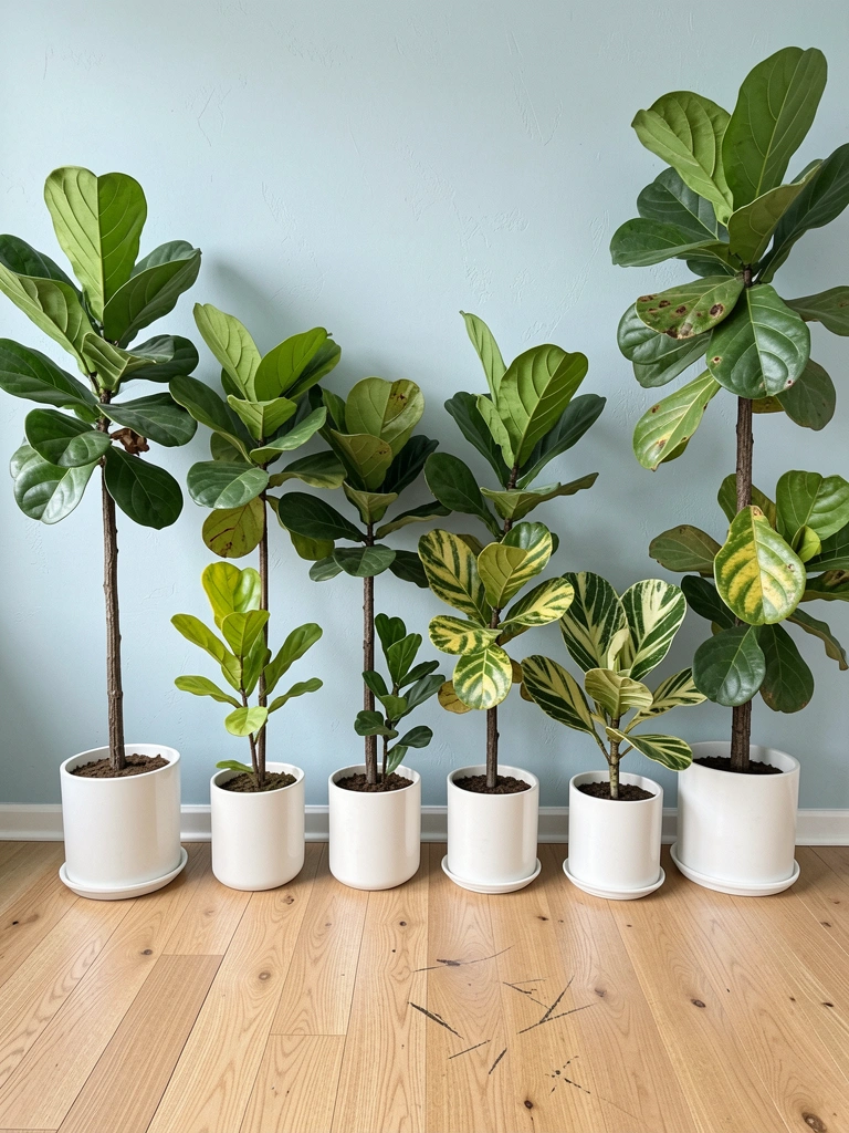 Sete vasos com plantas de interior enfileirados em uma prateleira de madeira sob luz indireta