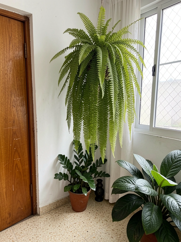 Planta zamioculca em vaso próximo a janela com cortina de tecido claro, sob luz indireta.