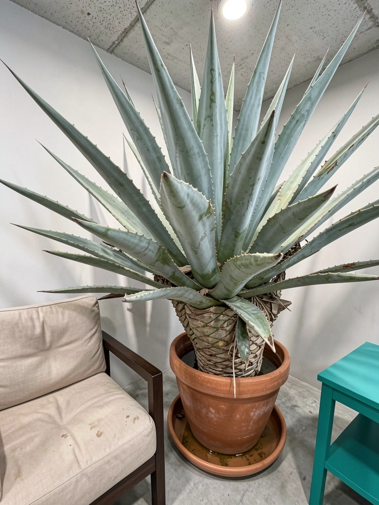Prato branco com água acumulada sob vaso de planta em piso claro