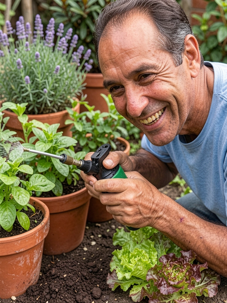 Pulverizador manual aplicando adubo líquido em vasos de plantas