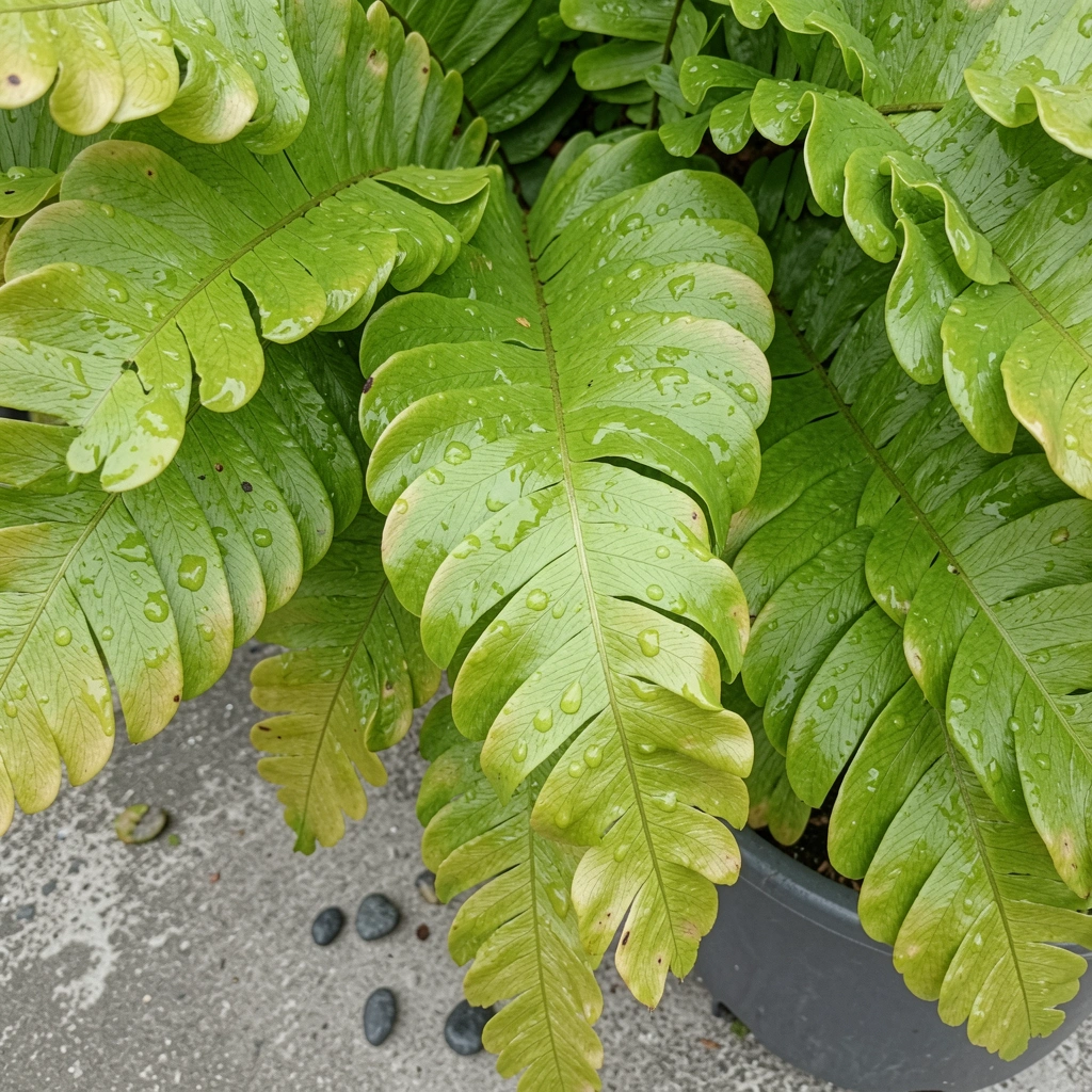 Folhas verdes onduladas de asplênio em vaso de cerâmica sobre mesa de madeira