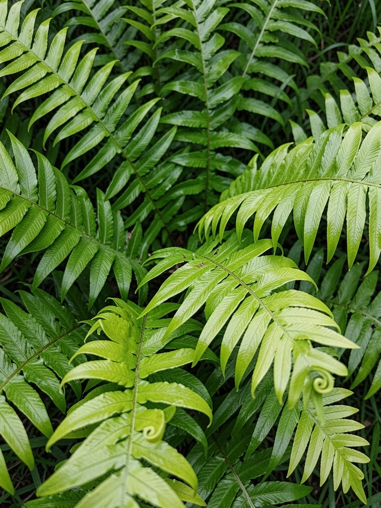 Folhas verdes de asplênio em vaso de cerâmica sobre mesa de madeira.