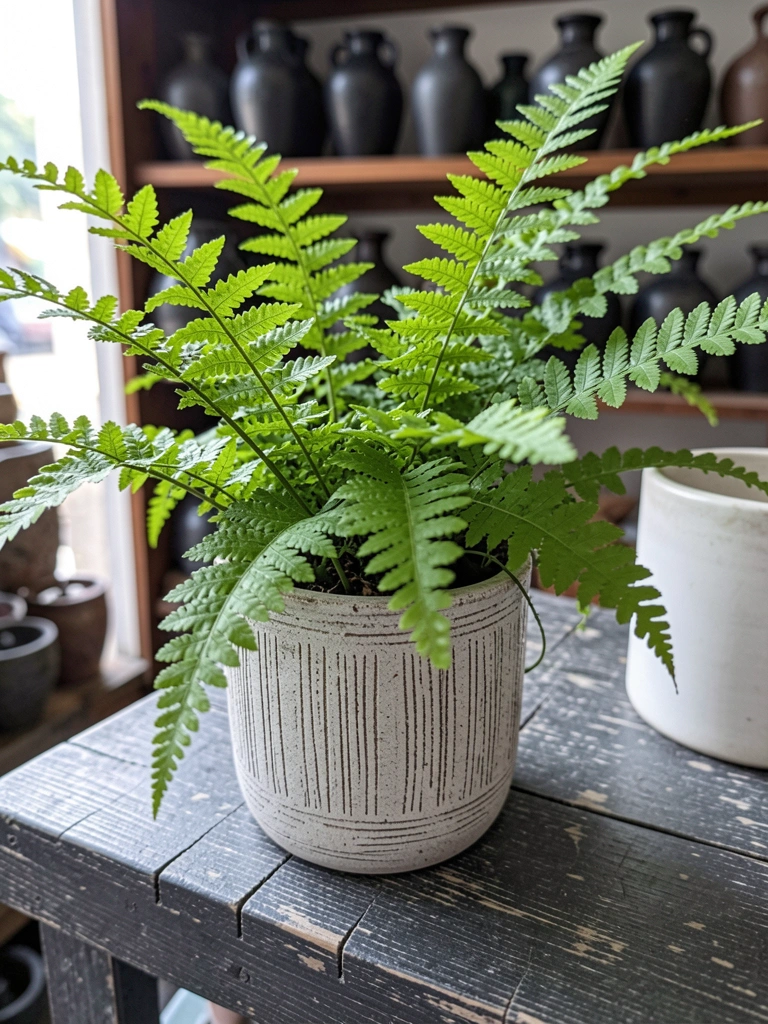 Folhas verdes de asplênio em vaso de cerâmica sobre superfície clara, com sombra suave ao fundo.