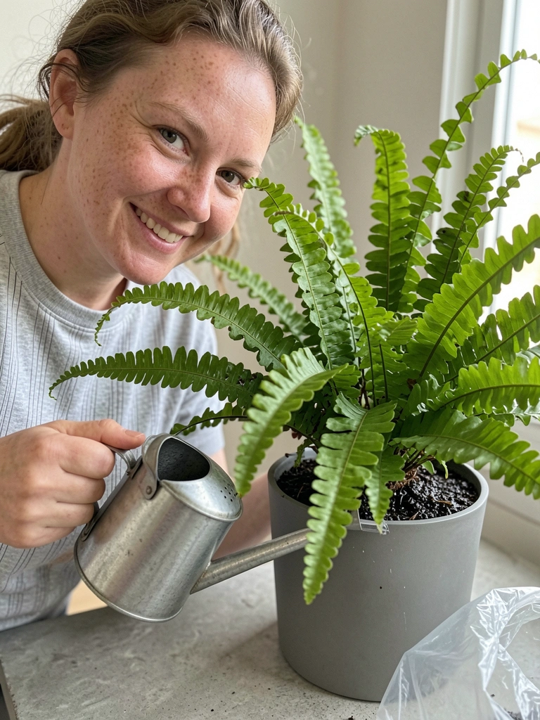 Regador despejando água sobre o substrato de um asplênio em vaso
