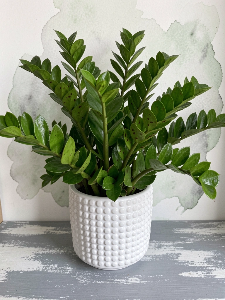 Folhas verdes de asplênio em vaso de cerâmica sobre mesa de madeira, com luz natural suave.