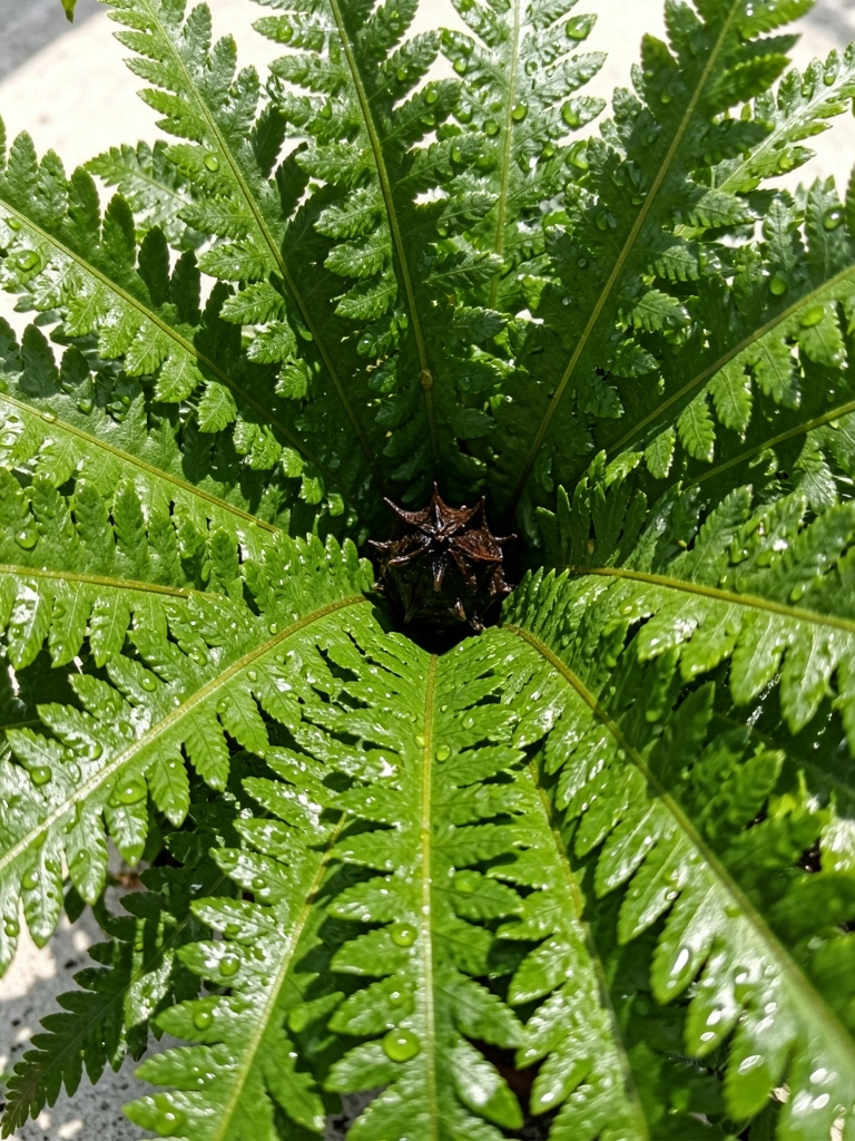 Folhas verdes de asplênio em vaso de cerâmica sobre mesa de madeira, com luz natural suave.