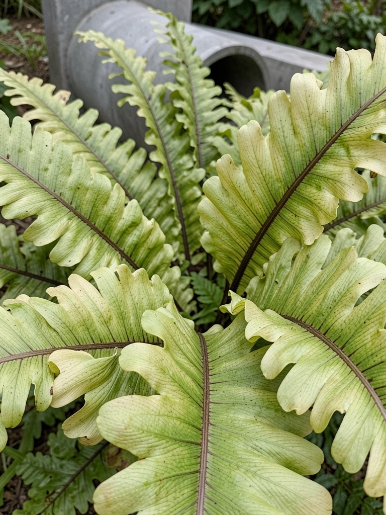 Folhas verdes de asplênio em vaso de cerâmica sobre mesa de madeira, com luz natural suave.