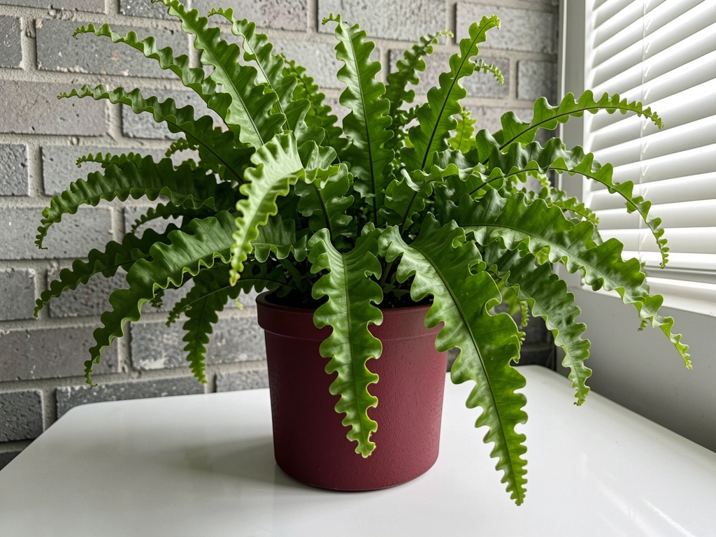 Folhas verdes de asplênio em vaso de cerâmica sobre superfície clara, com luz suave lateral.