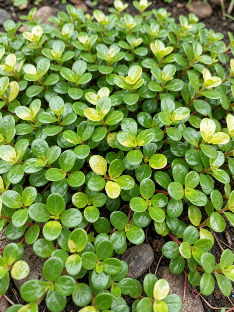 Folhas verdes arredondadas e brilhantes da brilhantina cobrindo pedras cinzas.