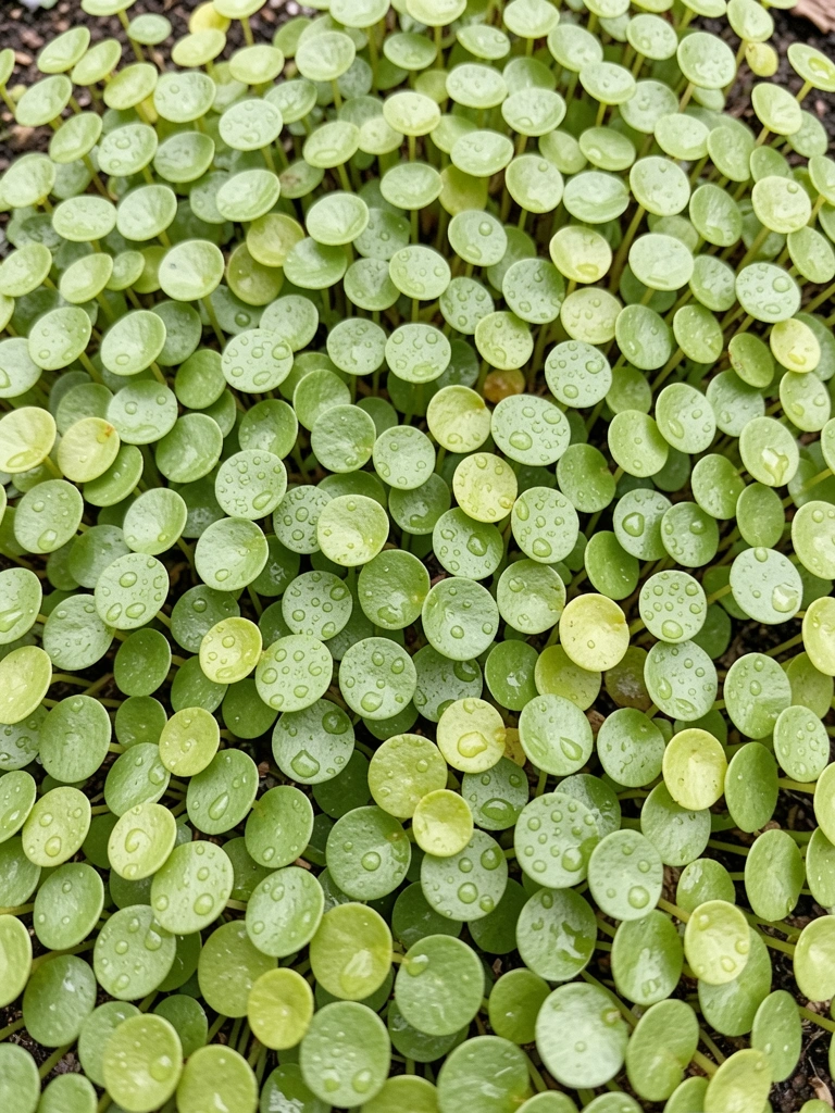 Folhas pequenas e arredondadas de Pilea microphylla em tom verde-claro, vistas de perto