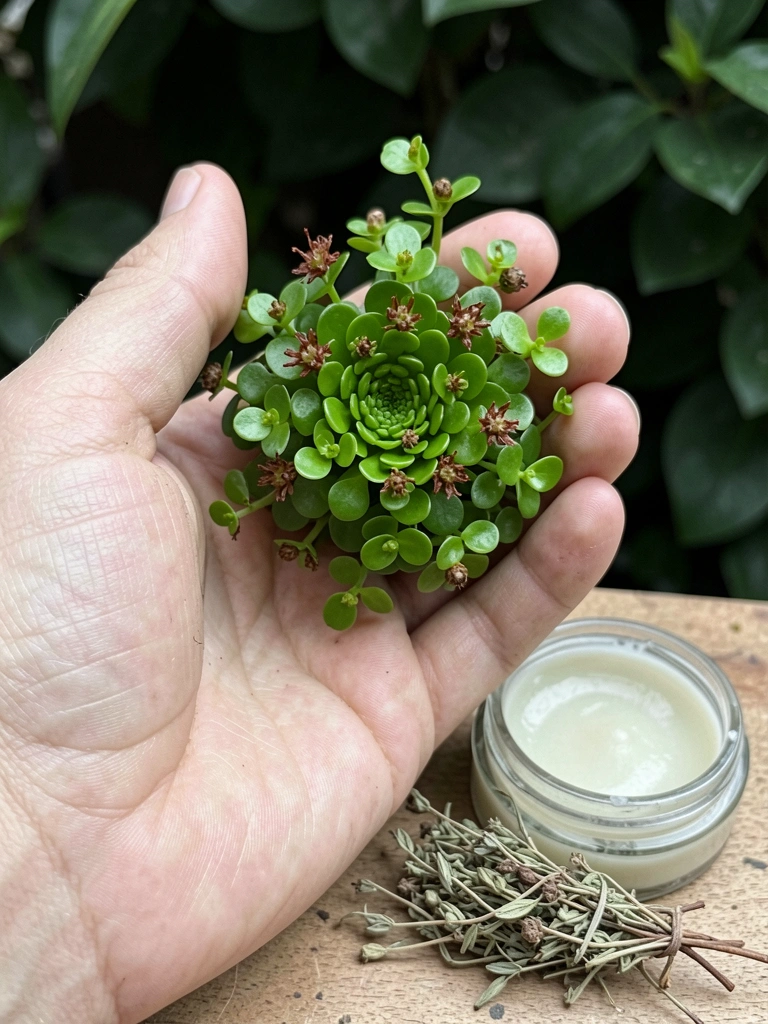 Pote de pomada capilar, erva seca e muda verde dispostos lado a lado sobre superfície clara