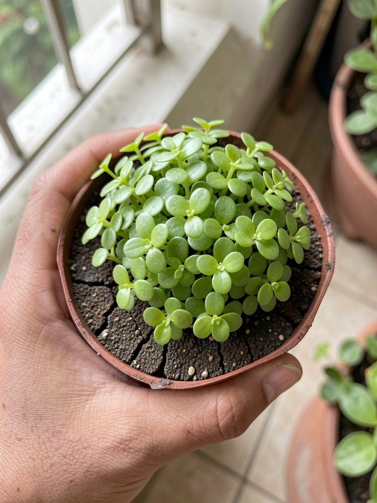 Mão segurando almofada rasteira de brilhantina em vaso, com folhas pequenas e verdes