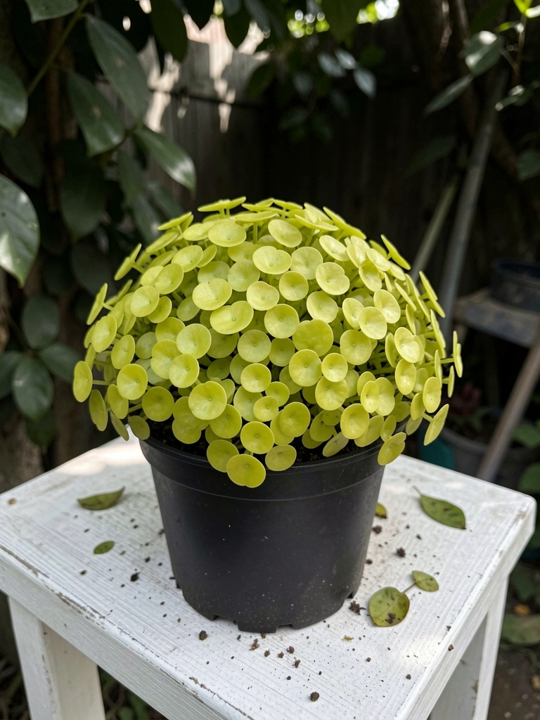 Pequeno vaso com folhagem verde de brilhantina em canto sombreado de jardim, sobre terra úmida