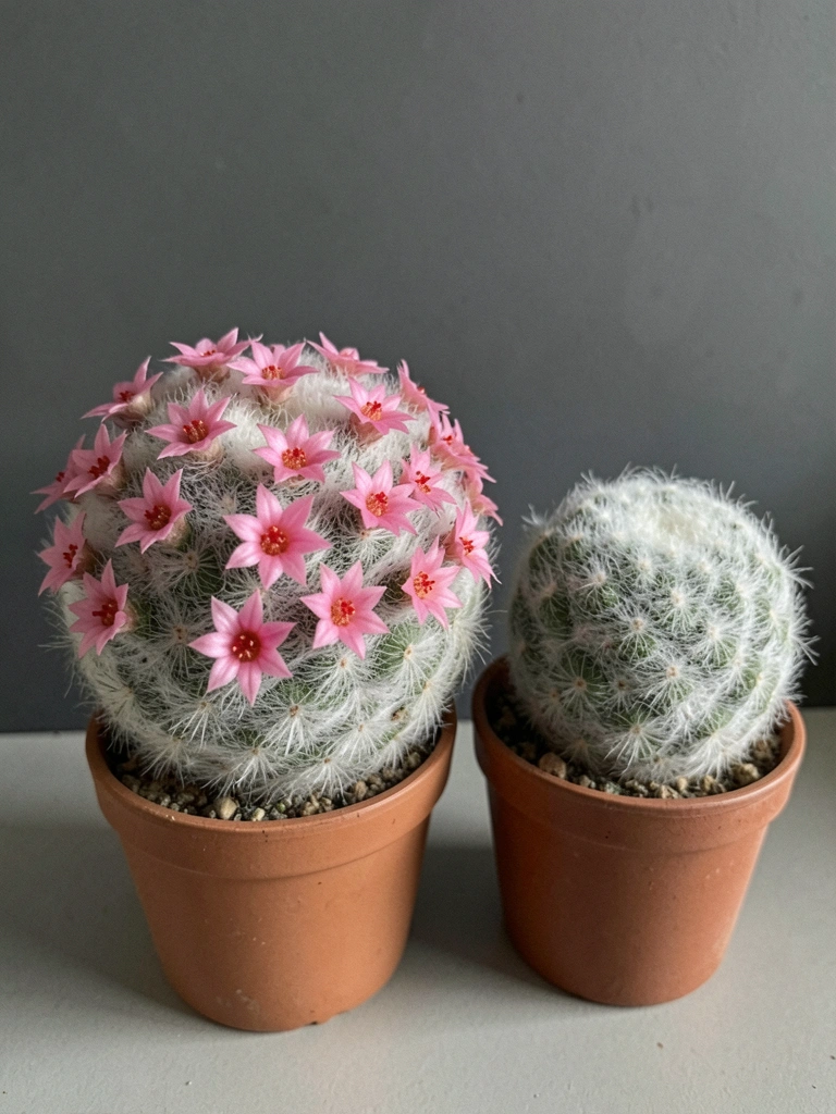 Dois vasos de cerâmica lado a lado, um com cacto sem flor e outro com cacto florido