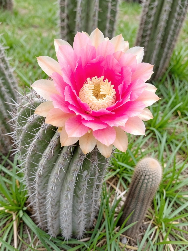 Broto pequeno de cacto ao lado de um cacto adulto com flores rosas no topo