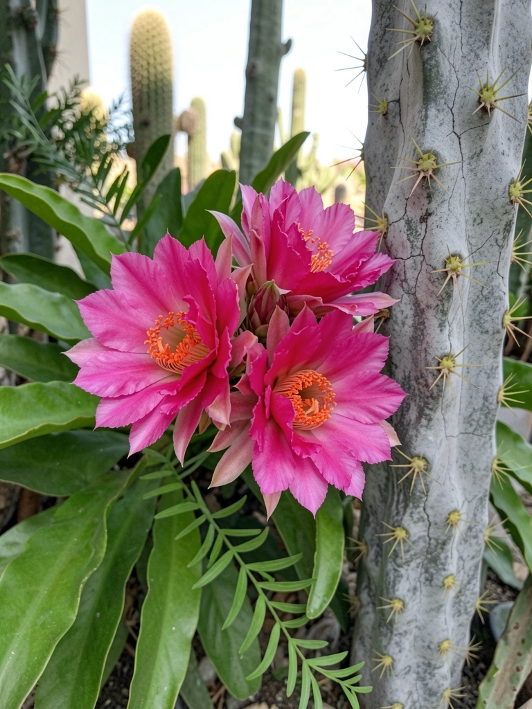 Dois cactos lado a lado: um epífito em área sombreada e outro de deserto sob sol intenso.