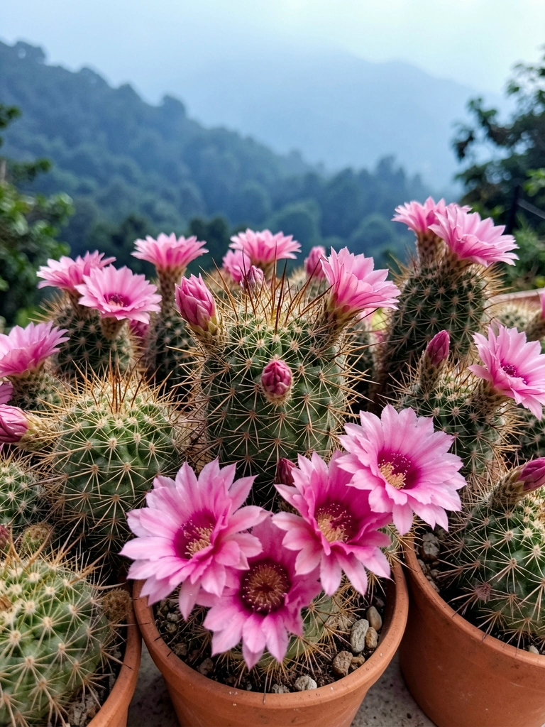 Três vasos de barro com cactos Mammillaria, Echinopsis e Parodia em flor, sobre superfície clara