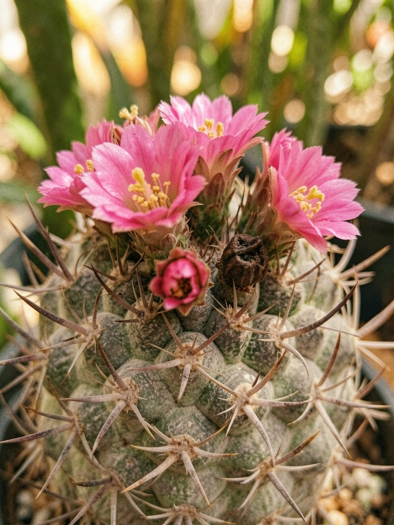 Cacto globular verde com pequenas flores rosas dispostas em círculo no topo