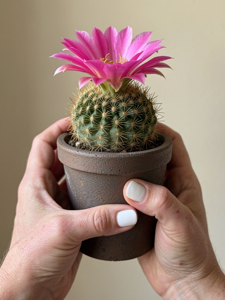Cacto Echinopsis em vaso com uma flor grande branca aberta.