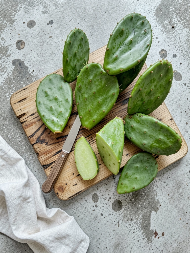 Variedades de cactos comestíveis dispostas sobre superfície clara, com espinhos e cores verdes e avermelhadas.