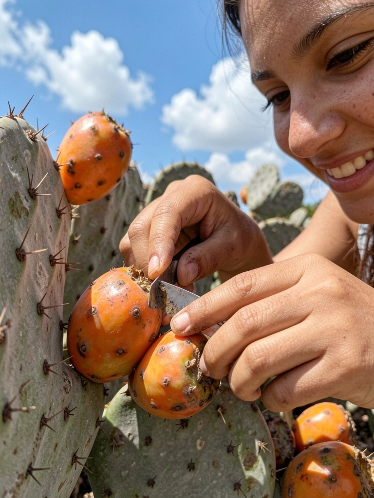 Mãos segurando um cacto e uma faca, removendo espinhos sobre uma tábua de madeira.