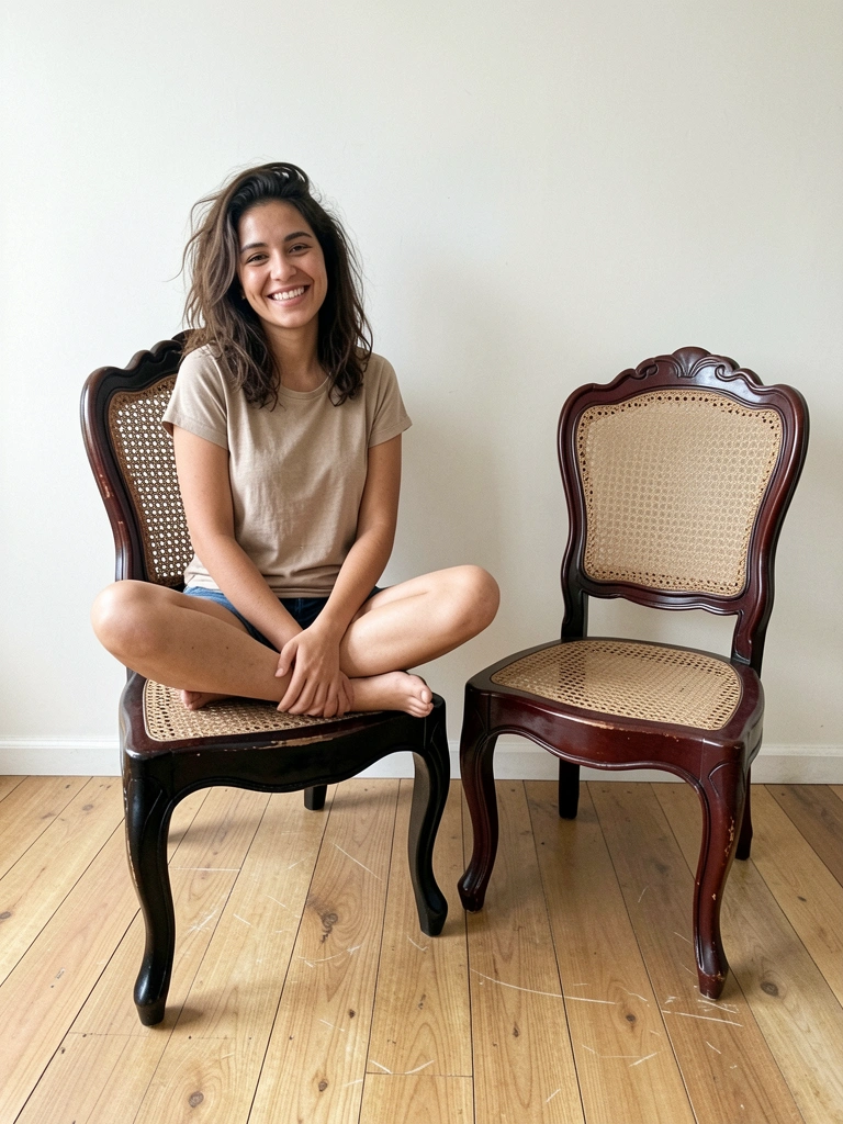 Mulher jovem sorrindo, sentada de pernas cruzadas em cadeira ergonômica, ambiente claro