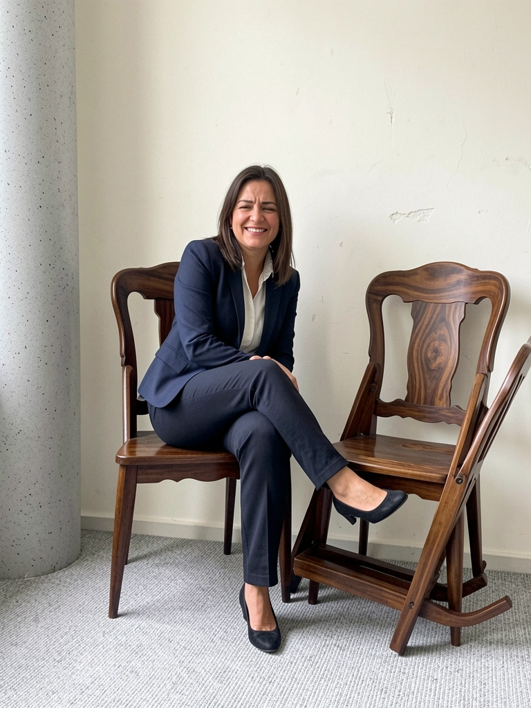 Pessoa sentada em cadeira estreita, tentando cruzar as pernas, com expressão de desconforto