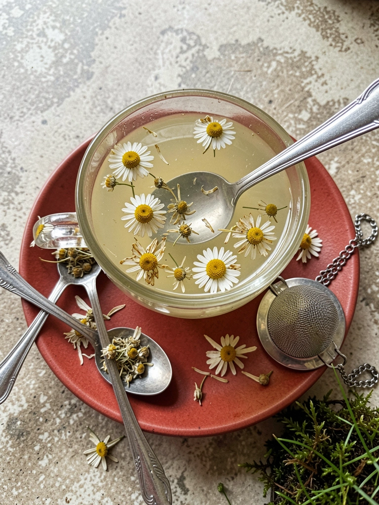 Ervas secas em colheres de madeira ao lado de xícara e infusor