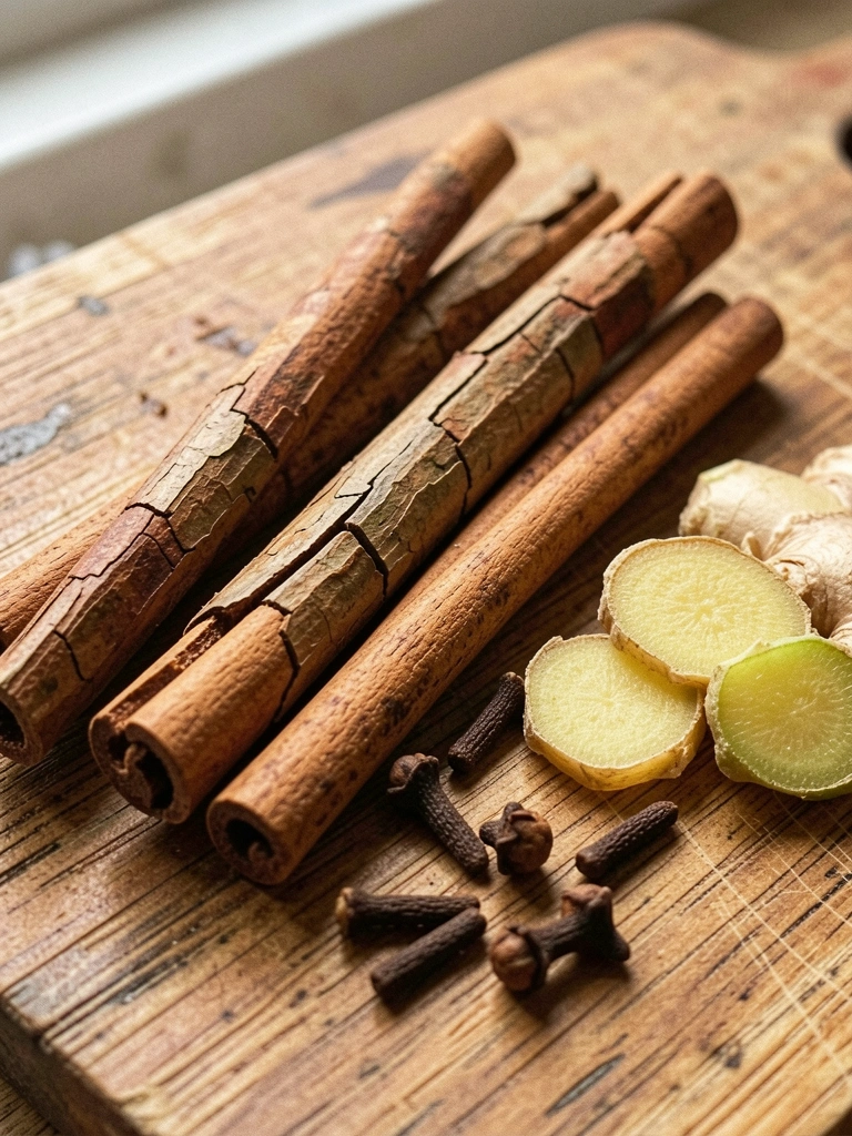Canela em pau, cravos e fatias de gengibre sobre uma tábua de madeira.