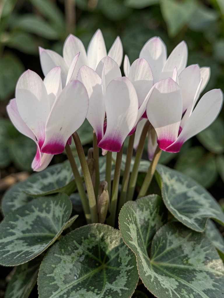 Ciclame com flores rosadas e folhas verdes recebendo luz suave da manhã.