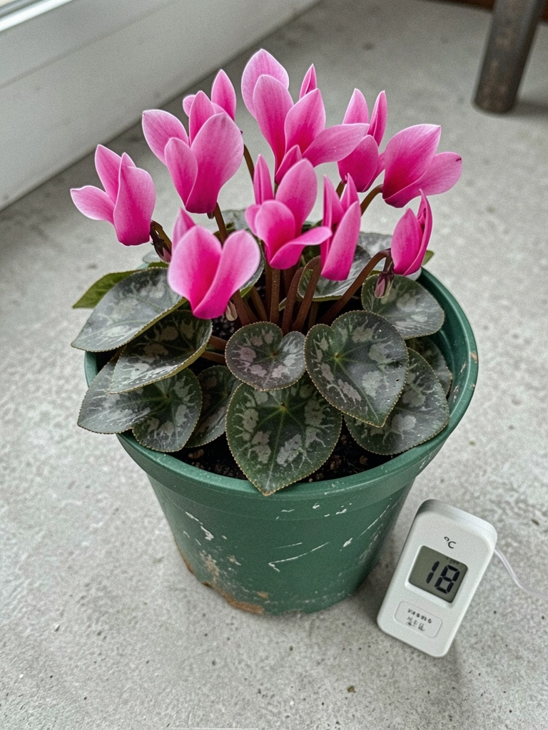 Termômetro digital marcando 18°C ao lado de um vaso com ciclame rosa.