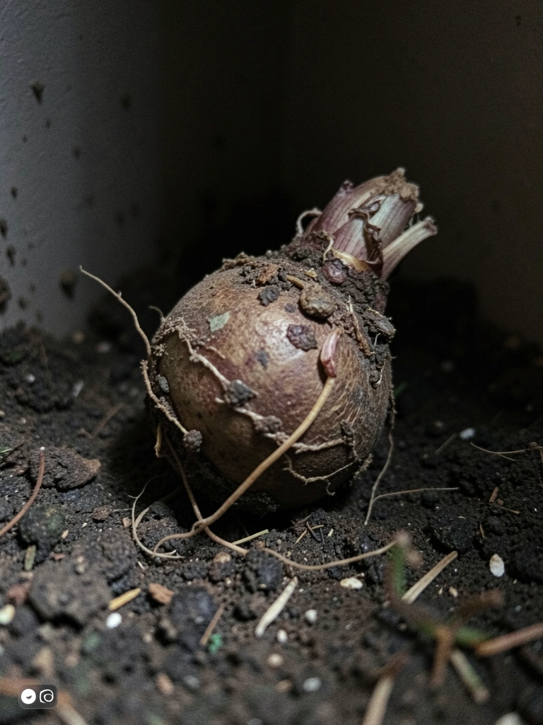Bulbo de ciclame marrom e seco sobre terra escura, em ambiente com pouca luz.