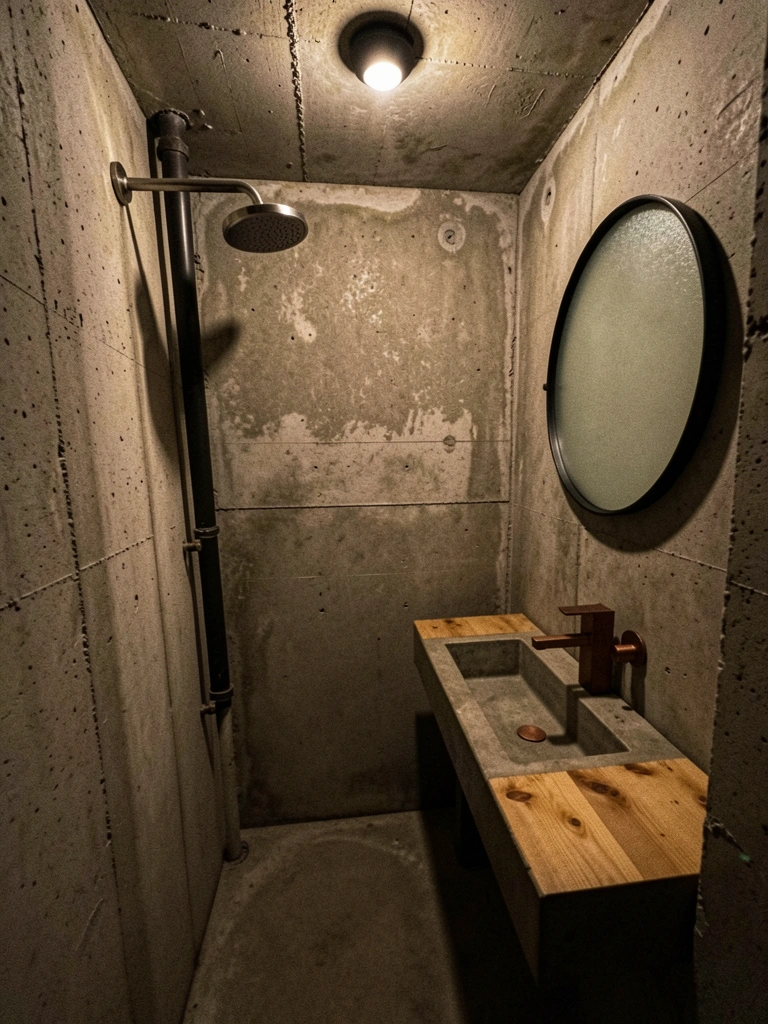 Banheiro interno escuro com luz artificial e teto baixo, sensação de aperto