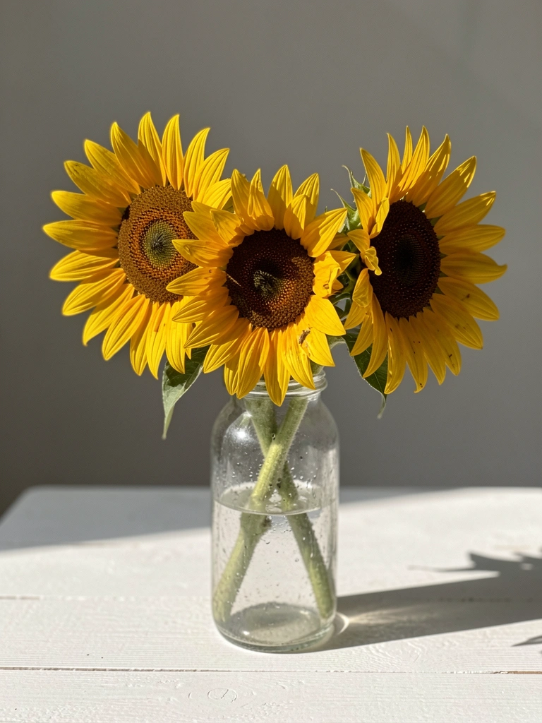 Vaso de cerâmica branca com girassol florido em uma janela, folhas verdes largas e luz do sol entrando de lado.