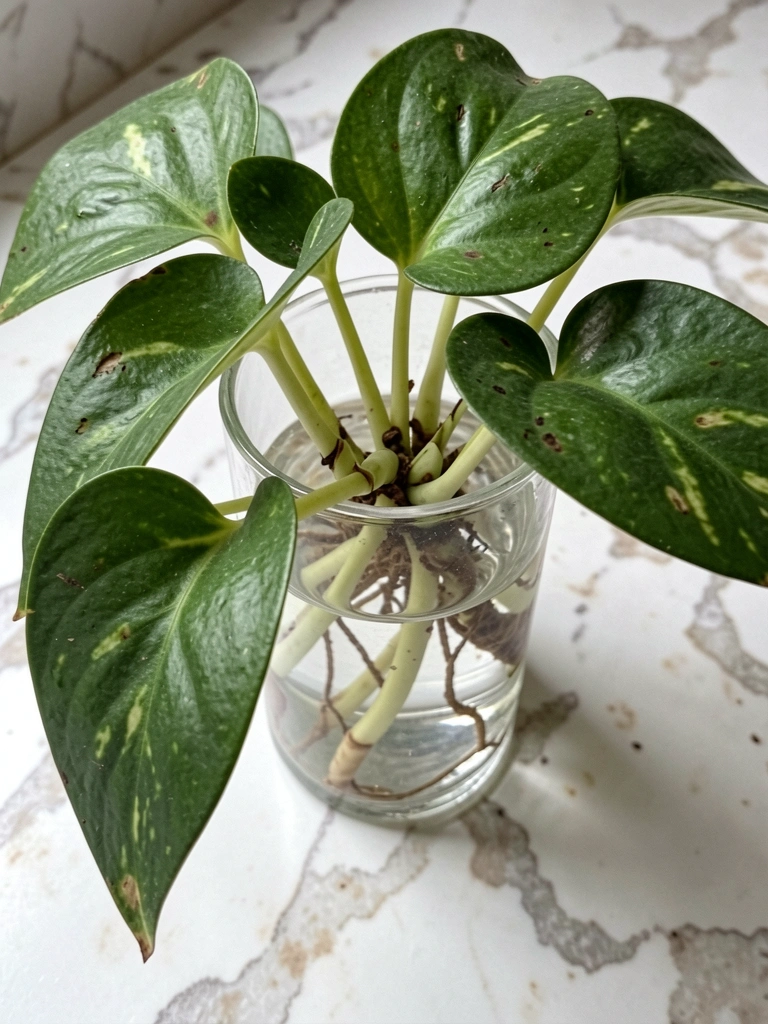 Ramos de jiboia com folhas verdes e variegadas em recipiente de vidro transparente com água.