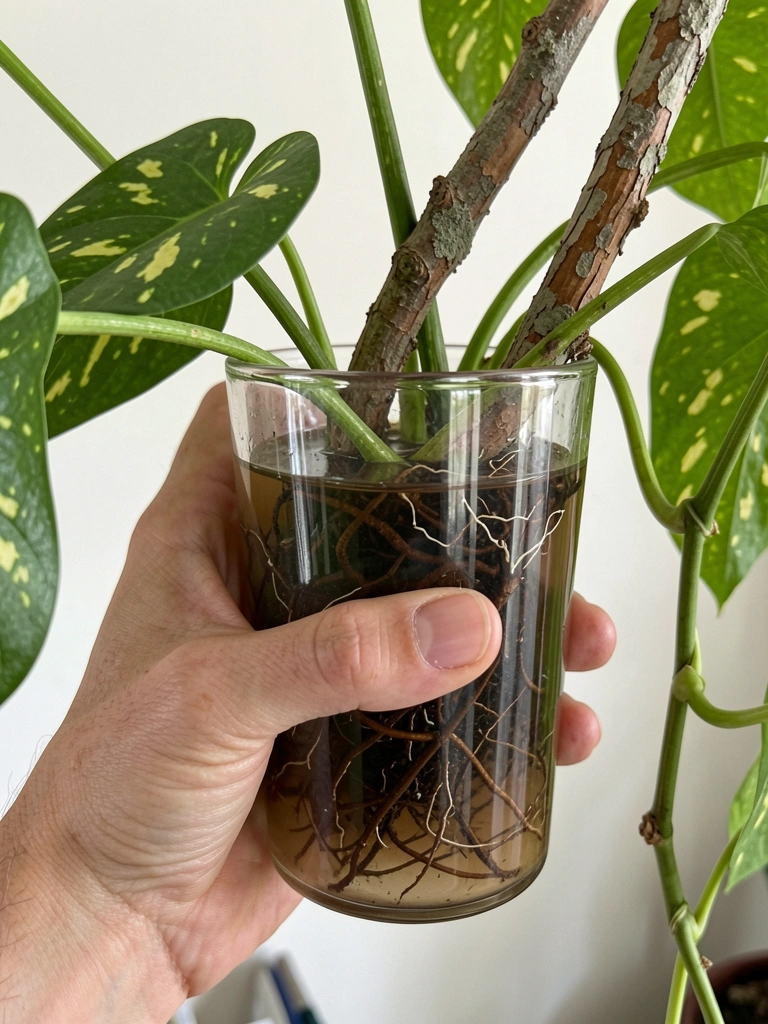 Ramos de jiboia com folhas verdes e variegadas em recipiente de vidro transparente com água.