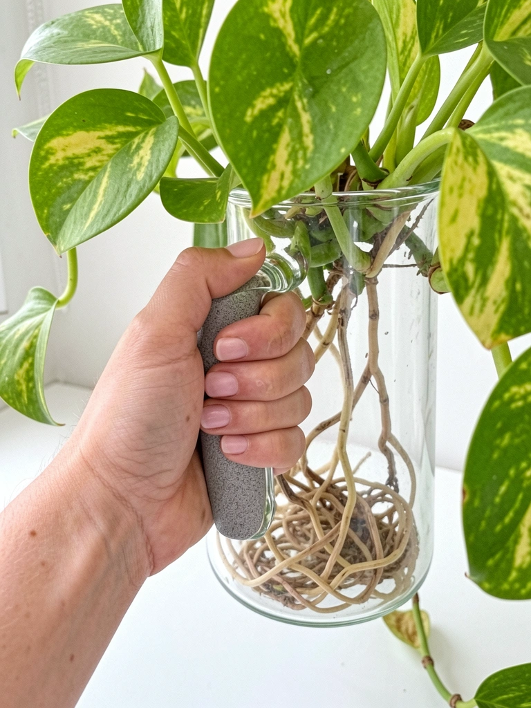 Ramos de jiboia com folhas verdes e variegadas apoiados em frasco de vidro transparente com água.